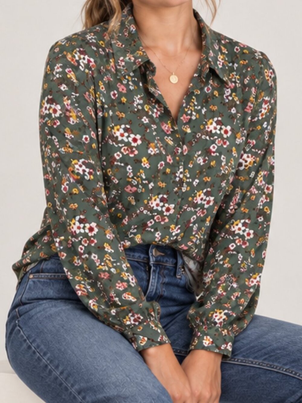 Misell Green Floral Button Front Blouse Women's XL Long Sleeve